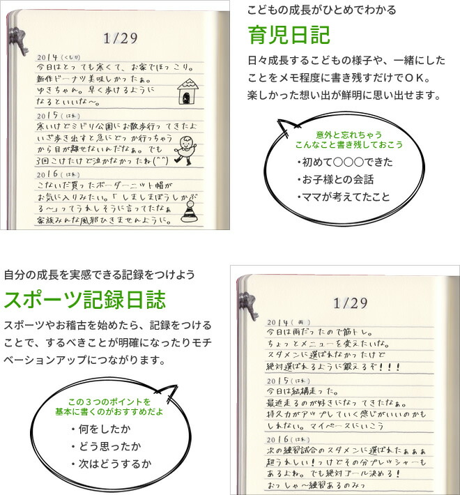 過去の出来事を読みながら書けるので、お子様の成長や、自分自身の成長を毎日実感できます。