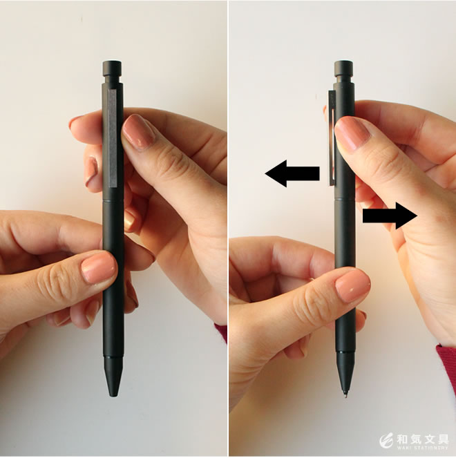 筆記時はペン本体の中央部を左右に回転させて油性ボールペンとシャープペンシルを切り替えることができます。