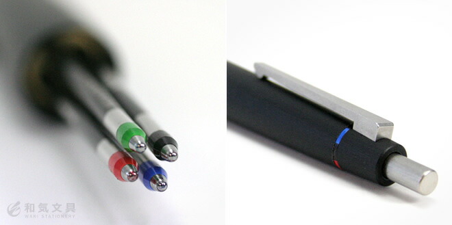 <b>ギュッと詰まった4通りの機能</b>緑、青、赤、黒、合計４色のボールペンが１本にまとまったマルチペン。