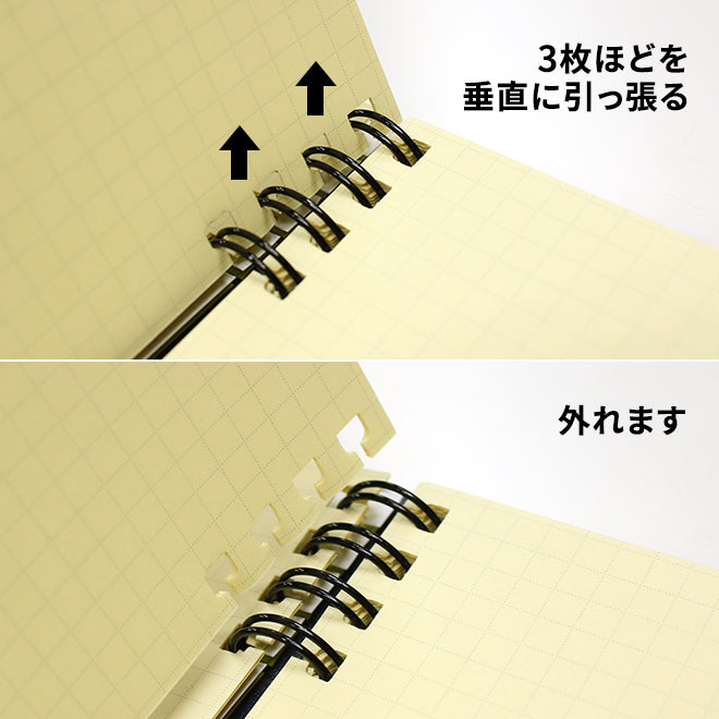 中身のリフィル、ポケットは、スリット入りのリング穴で、本体の上下にある各4つのリングから取り外し、付け替えが可能。