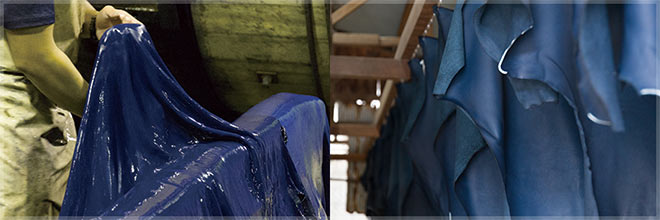 通常、本革への藍染は色が定着しやすいクロム鞣し（クロム剤を使用する革）が一般的ですがあえて困難と言われていたタンニン鞣しの革に染色する独自の技術を開発。