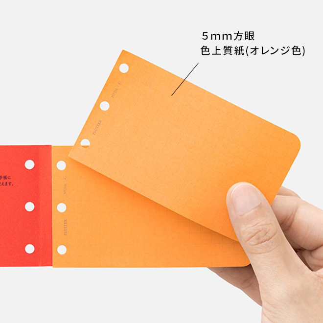アイデアメモとしてもバインダーに挟んでも使える、オレンジペーパーのカードサイズ「リフィルメモパッド」はバイブルサイズと同じ5㎜方眼罫です。