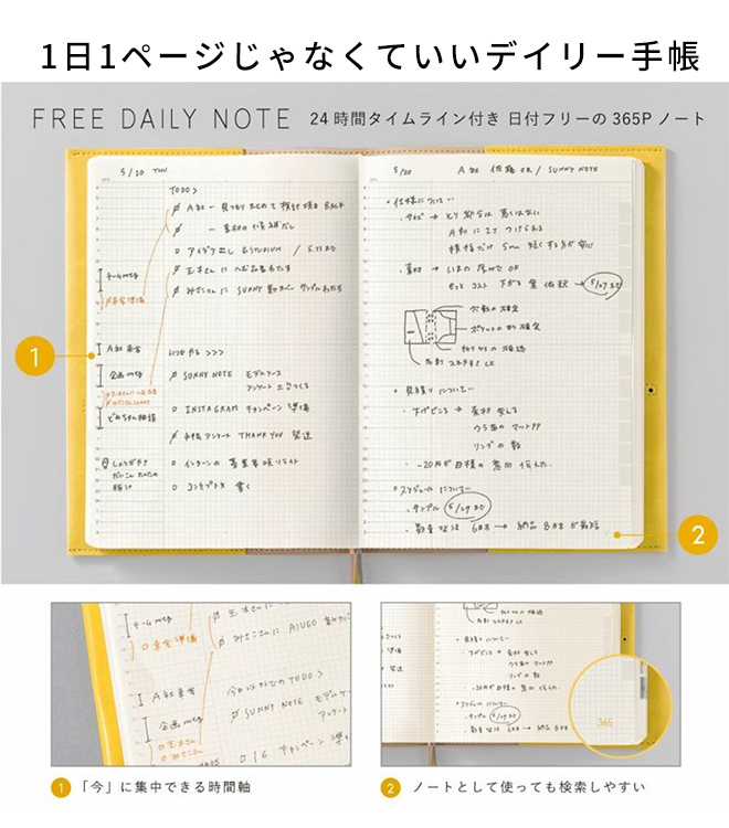 デイリーフォーマットですが日付がないので、1日1ページの縛りがなくノート感覚で気軽に使えます。