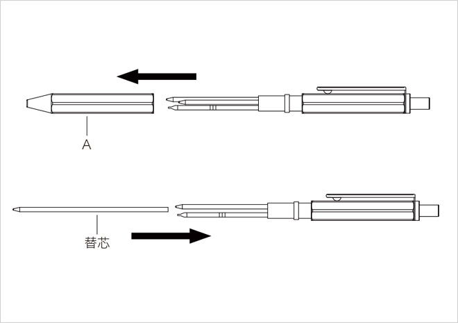 <b>ボールペン替芯の交換方法</b>1.先端パーツを引き抜きます。