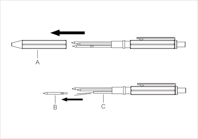 <b>シャープペン替芯の交換方法</b>1.先端パーツ（A）を引き抜きます。