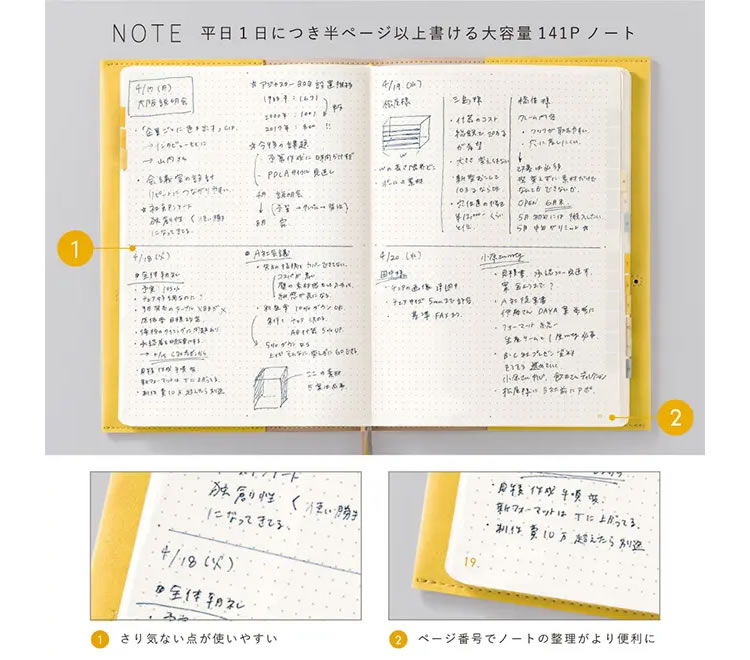 <b>目からうろこ！ページ番号つきノートページ</b>大容量なので、メモも日記も気軽に書けるのがうれしい！別でノートを持つ必要もありません。
