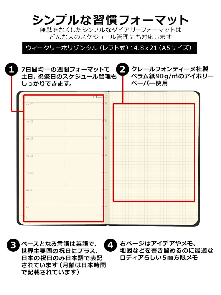 <b>ロディアらしい用紙や素材、フォーマットが嬉しいダイアリー</b>ダイアリー用紙は目に優しいクレールフォンティーヌ社製ベラム紙90g/m2のアイボリーペーパー使用。