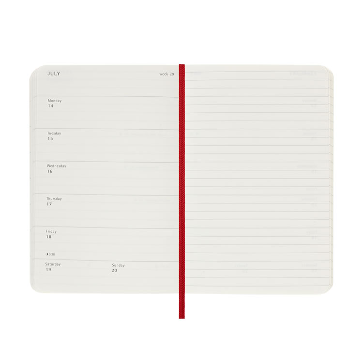 <b>週間タイプが使いやすいスケジュール帳とノートがひとつに</b>ページを開くと、左に見開き一週間のスケジュール、右は自由に使える横罫ノートになっています。