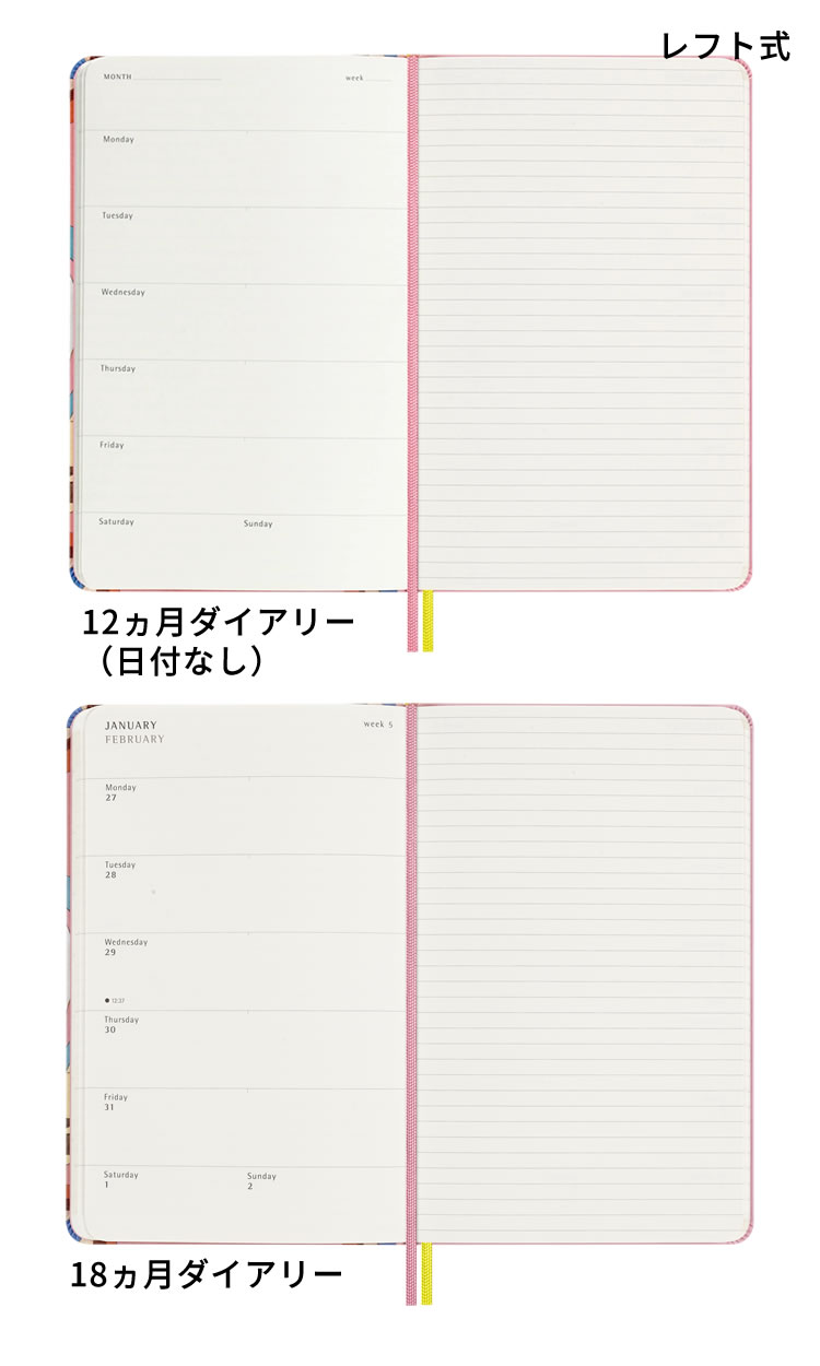 <b>週間タイプが使いやすいスケジュール帳とノートがひとつに</b>ページを開くと、左に見開き一週間のスケジュール、右は自由に使える横罫ノートになっています。