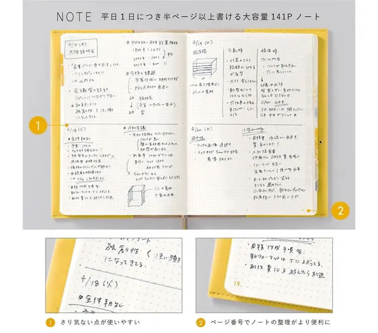 <b>ページ番号つきノートページ</b>大容量なので、別でノートを持つ必要もありません。