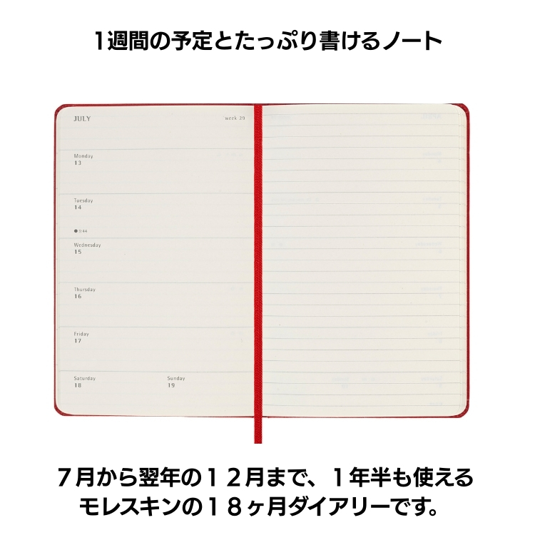 ページを開くと、左に見開き一週間のスケジュール、右は自由に使える横罫ノートになっています。