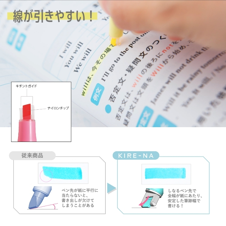 「キチントガイド」と「しなるペン先」で曲面でもまっすぐ引きやすい&幅が安定開いた教科書やノートの内側の曲面でも、きれいな線を引くことができます。