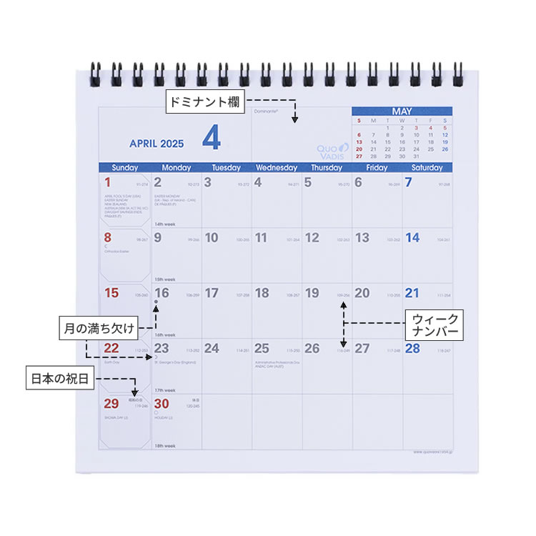 <b>シンプルで、洗練されたレイアウト</b>最優先事項やメインイベントなどを記入する「ドミナント欄」はもちろん、ビジネスに役立つ「ウィークナンバー」、生活のリズムを整える「月の満ち欠け」なども記載。