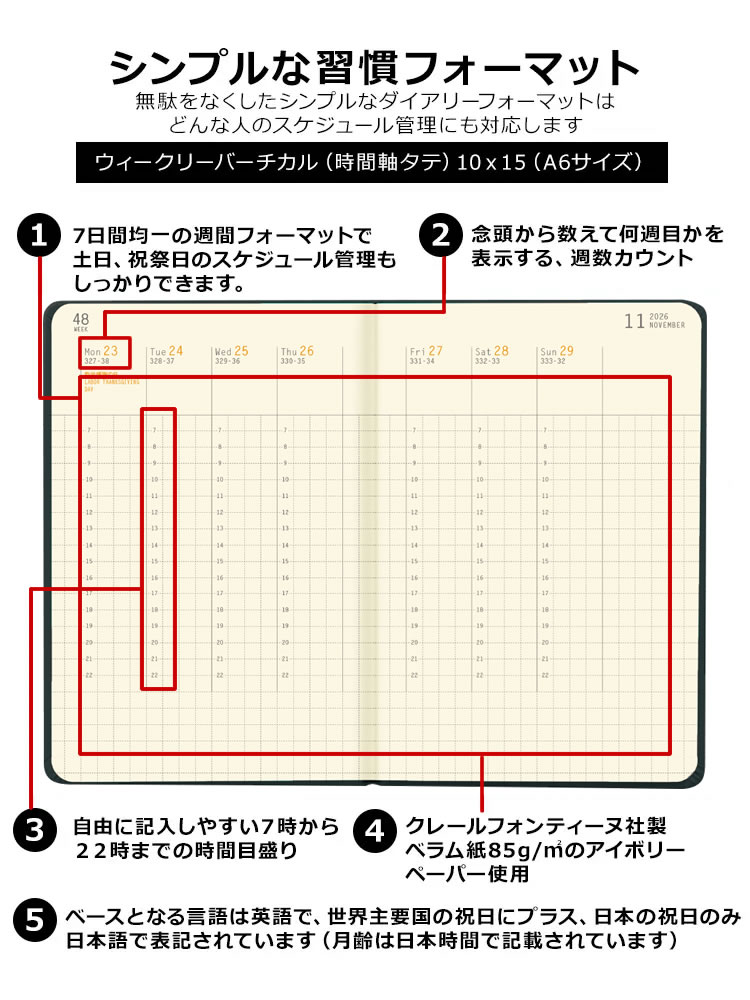 <b>ロディアらしい用紙や素材が嬉しいダイアリー</b>ダイアリー用紙は目に優しいクレールフォンティーヌ社製ベラム紙90g/m2のアイボリーペーパー使用。