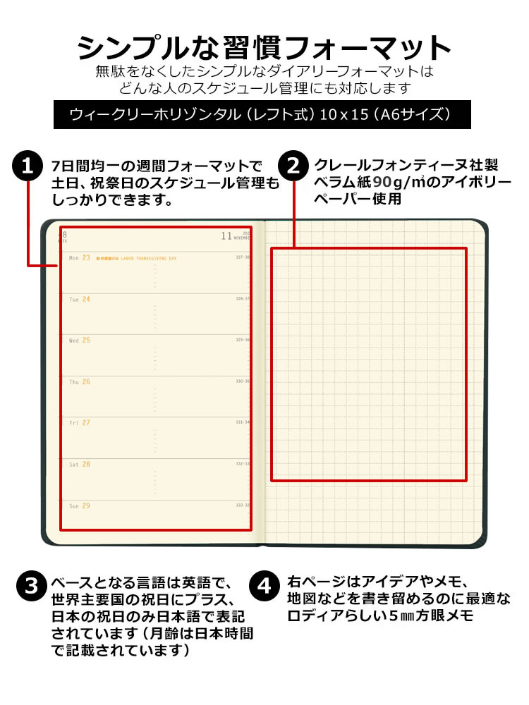 <b>ロディアらしい用紙や素材、フォーマットが嬉しいダイアリー</b>ダイアリー用紙は目に優しいクレールフォンティーヌ社製ベラム紙90g/m2のアイボリーペーパー使用。