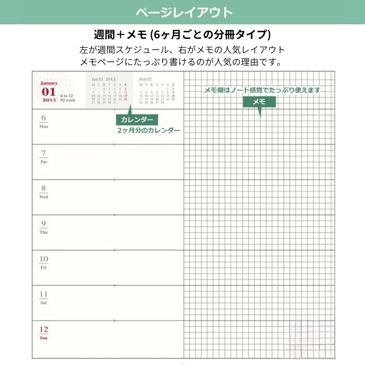 左ページに1週間、右ページにはセクション罫のメモがレイアウトされています。