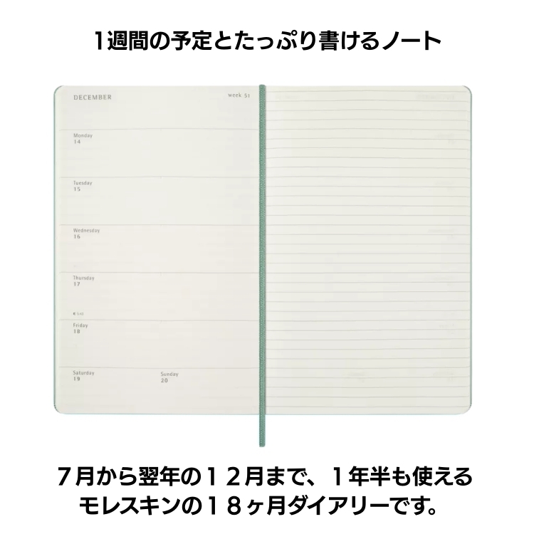 ページを開くと、左に見開き一週間のスケジュール、右は自由に使える横罫ノートになっています。