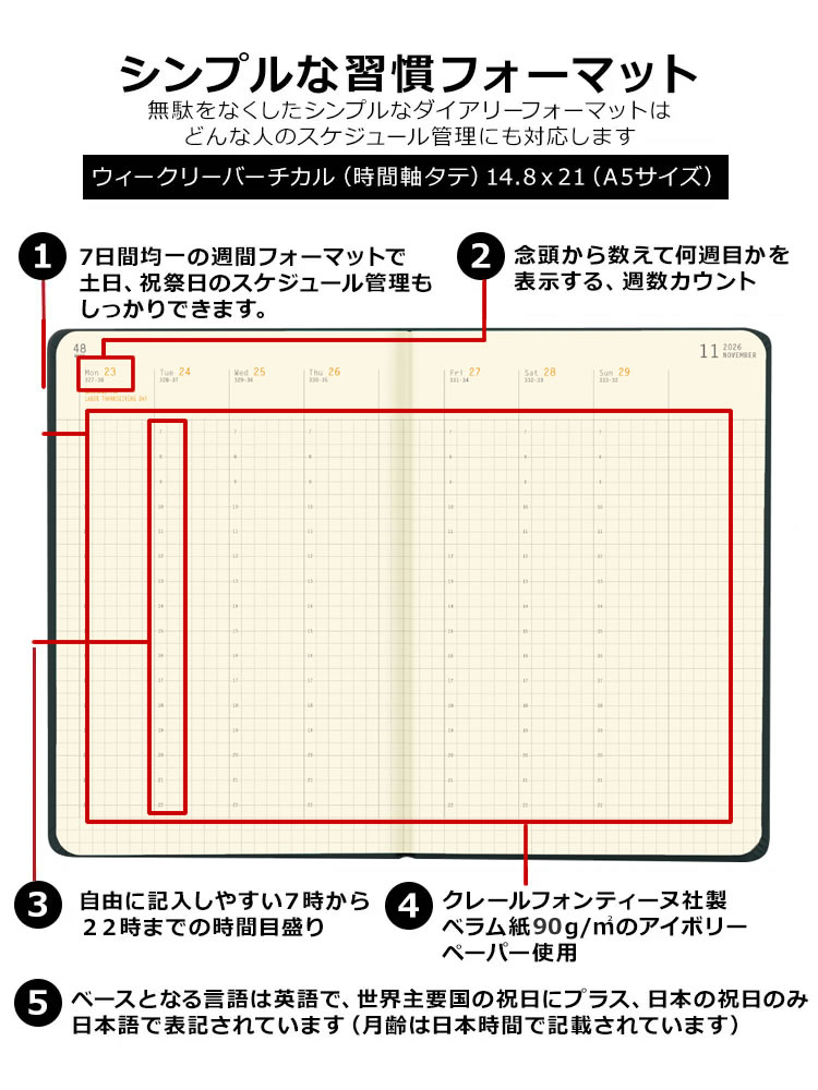 <b>ロディアらしい用紙や素材が嬉しいダイアリー</b>ダイアリー用紙は目に優しいクレールフォンティーヌ社製ベラム紙90g/m2のアイボリーペーパー使用。